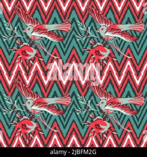 Hand drawn bird flying with flower roses on zigzag pattern red background. Ethnic vintage seamless print. Vector illustration for design, fashion, tex Stock Vector