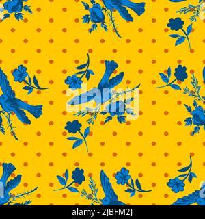 Hand drawn bird flying with flower roses on polka dot pattern background. Tropical vintage seamless print. Vector illustration for design, fashion, te Stock Vector