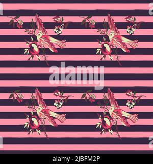 Hand drawn bird flying with flower roses on stripe pattern pink background. Tropical vintage seamless print. Vector illustration for design, fashion, Stock Vector