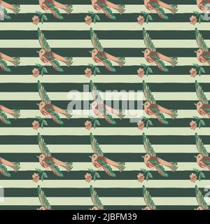 Hand drawn bird flying with flower roses on stripe pattern background. Tropical vintage seamless print. Vector illustration for design, fashion, texti Stock Vector