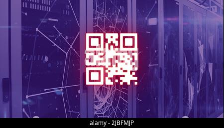 Image of qr code scanning over computer servers Stock Photo