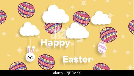 Composite image of happy easter text banner against decorative easter eggs on orange background Stock Photo