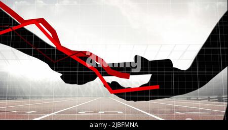Red graphs moving over grid network against silhouette of hand passing a baton against sports field Stock Photo