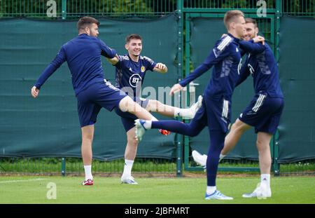 Scotland's Grant Hanley (left) and Billy Gilmour during a training session at the Oriam, Edinburgh. Picture date: Monday June 6, 2022. Stock Photo