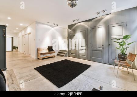 Interior of spacious light hallway with old fashioned soft carpet and build in wardrobe in modern villa with creative lamps and white walls Stock Photo