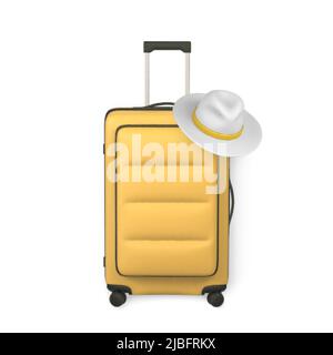 Travel trolley bag with summer mens hat. Summer 3d realistic render vector objects. Summer travel. Vector illustration. Stock Vector