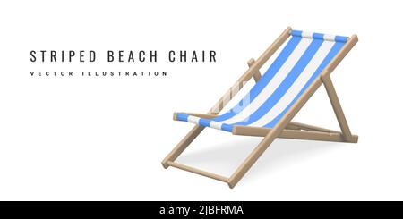 Striped beach chair. Realistic 3D deck chair isolated on white background. Summertime object. Vector illustration. Stock Vector