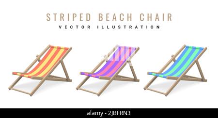 Striped beach chair. Realistic 3D deck chair isolated on white background. Summertime object. Vector illustration. Stock Vector