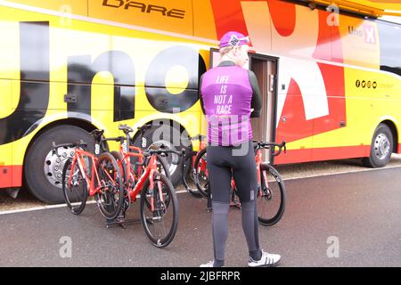 Colchester, UK. 06th Jun 2022. Stage One of the Women's Tour gets underway from the Sports Park at Northern Gateway in Colchester, finishing later today in Bury St. Edmunds. Uno-X Pro-Cycling team bus and bikes. Credit: Eastern Views/Alamy Live News Stock Photo