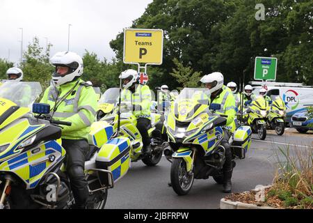 Colchester, UK. 06th Jun 2022. Stage One of the Women's Tour gets underway from the Sports Park at Northern Gateway in Colchester, finishing later today in Bury St. Edmunds. Police escorts arriving ready to lead the teams around the circuit. Credit: Eastern Views/Alamy Live News Stock Photo