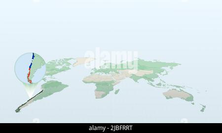 World map in perspective showing the location of the country Chile with detailed map with flag of Chile. Vector illustration. Stock Vector