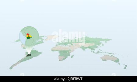 World map in perspective showing the location of the country Bolivia with detailed map with flag of Bolivia. Vector illustration. Stock Vector