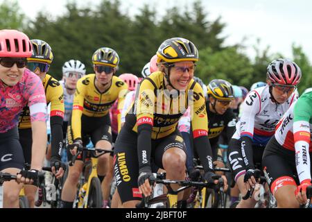 Colchester, UK. 06th Jun 2022. Stage One of the Women's Tour gets underway from the Sports Park at Northern Gateway in Colchester, finishing later today in Bury St. Edmunds. Romy Kasper from Team Jumbo-Visma in the peloton. Credit: Eastern Views/Alamy Live News Stock Photo