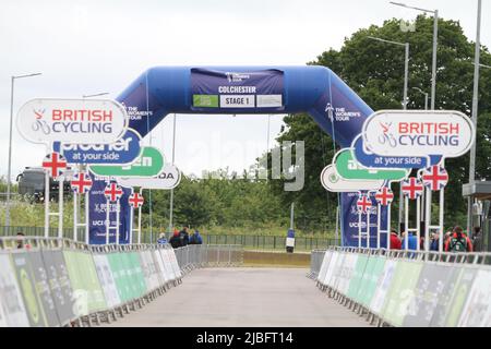 Colchester, UK. 06th Jun 2022. Stage One of the Women's Tour gets underway from the Sports Park at Northern Gateway in Colchester, finishing later today in Bury St. Edmunds. All quiet at the start line after the peloton leaves the park. Credit: Eastern Views/Alamy Live News Stock Photo