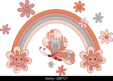 Retro 70s 60s Hippie Groovy Flower Rainbow Floral Daisy Happy Smile Face vector illustration isolated on white. Grow positive thoughts Good vibes pharase. Boho Summer Flower Power print. Stock Vector