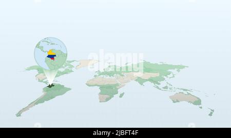 World map in perspective showing the location of the country Colombia with detailed map with flag of Colombia. Vector illustration. Stock Vector