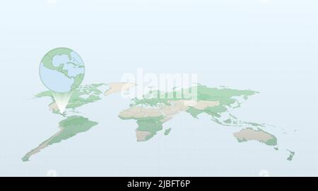 World map in perspective showing the location of the country El Salvador with detailed map with flag of El Salvador. Vector illustration. Stock Vector
