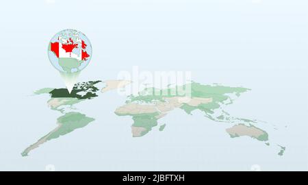World map in perspective showing the location of the country Canada with detailed map with flag of Canada. Vector illustration. Stock Vector