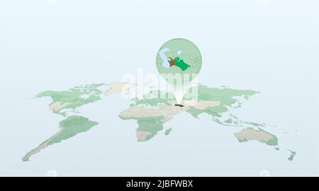 World map in perspective showing the location of the country Turkmenistan with detailed map with flag of Turkmenistan. Vector illustration. Stock Vector