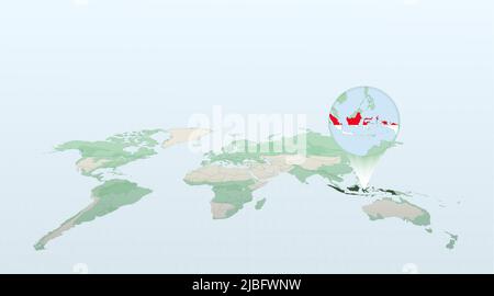 World map in perspective showing the location of the country Indonesia with detailed map with flag of Indonesia. Vector illustration. Stock Vector