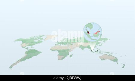World map in perspective showing the location of the country Malaysia with detailed map with flag of Malaysia. Vector illustration. Stock Vector