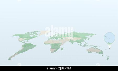 World map in perspective showing the location of the country Fiji with detailed map with flag of Fiji. Vector illustration. Stock Vector