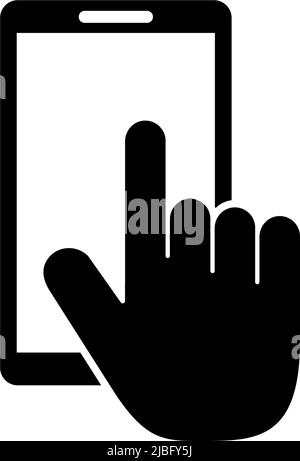Human Hand Touch on Smartphone Screen. Flat Vector Icon illustration. Simple black symbol on white background. Human Hand Touch on Smartphone Screen s Stock Vector