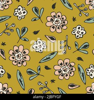 Seamless vector pattern with hand drawn flowers on lime green background. Simple vintage floral wallpaper design. Decorative summer fashion textile. Stock Vector