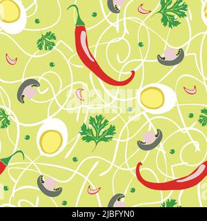 Seamless vector pattern noodle soup with hot chillies on yellow background. Korean health food wallpaper design. Stock Vector