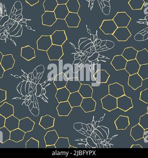 Seamless vector pattern with outlined honeycomb and bumblebees on teal blue background. Liner art bee wallpaper modern design. Stock Vector