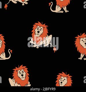 Seamless vector pattern with cartoon lion on black background. Cute simple animal wallpaper design for children. Hand drawn Leo fashion textile. Stock Vector