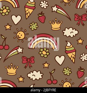 Seamless vector pattern with retro summer stickers on brown background. Simple happy children wallpaper design. Decorative badge fashion textile. Stock Vector