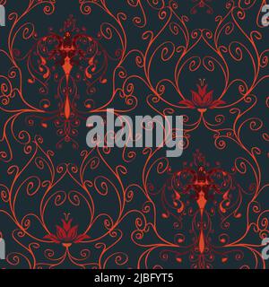 Seamless vector pattern with phoenix and lily on dark teal blue background. Beautiful mythical bird wallpaper design. Luxury fabric fashion. Stock Vector