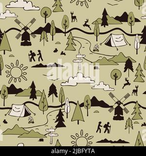 Seamless vector pattern with hiking landscape on green background. Simple life style wallpaper design. Decorative summer holiday fashion textile. Stock Vector