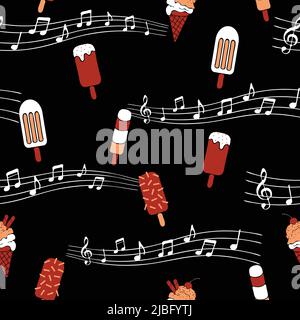 Seamless vector pattern with ice creams and music notes on black background. Cute sweet food wallpaper design for children. Stock Vector