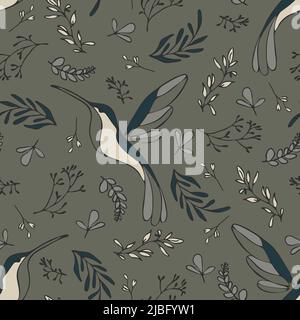 Seamless vector pattern with hamming birds on green background. Simple vintage tropical wallpaper design. Decorative summer garden fashion textile. Stock Vector