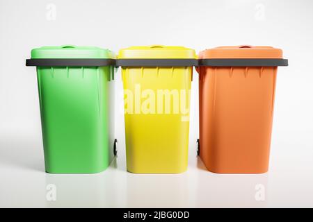 Garbage bins on isolated white background, 3d render illustration. Sorting trash or litter, recycling concept, clean and neat copy space background, v Stock Photo
