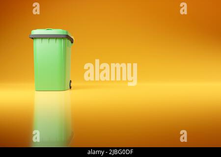 Green garbage bin on orange background, 3d render illustration. Sorting trash or litter, recycling concept, clean and neat copy space background, vivi Stock Photo