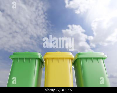 Garbage bins against the skies, 3d render illustration. Sorting trash or litter, recycling concept, clean and neat copy space background, vivid colors Stock Photo