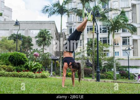 Pretty slim girl standing in downward facing tree pose in city park. Young sporty woman working out doing yoga exercises, handstand. Stock Photo