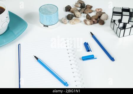 Office, Business objects on the white desk - selective focus. Stock Photo