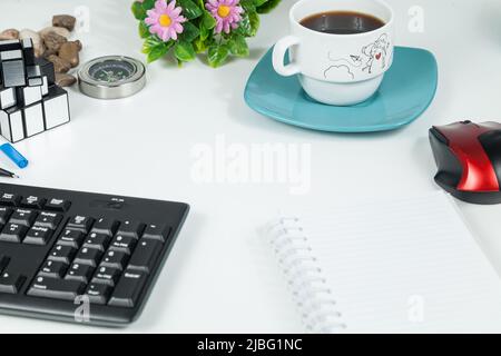 Office, Business objects on the white desk - selective focus. Stock Photo