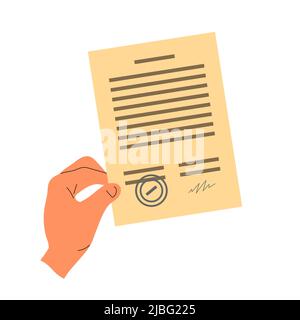 The hand holds a paper signed business contract document. Employment agreement, inheritance, testament. Flat vector illustration isolated on white bac Stock Vector