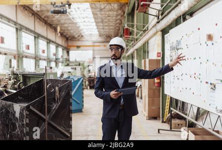 Manager leader is making team training for technicians, supervisors, engineers. Safety at workplace training. Stock Photo