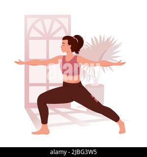 Active woman doing yoga exercise at home or gym vector flat illustration. Flexible female practicing stretching or aerobics. Woman in sportswear enjoying sports training or workout. Sports training. Stock Vector