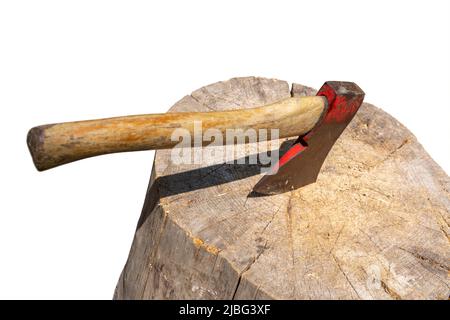 Sunny illuminated axe and wooden chopping block in white back Stock Photo