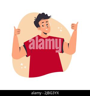 Winner, cheerful mood and thumbs up concept. Young smiling man cartoon character showing thumbs up, positive gesture and emotions, Ok sign, victory fingers with hand vector isolated illustration. Stock Vector