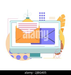E mail service concept flat vector illustration. Email check up on laptop. Online communication, correspondence, social network. Message, letter with envelopes, notification. Internet advertisement.. Stock Vector