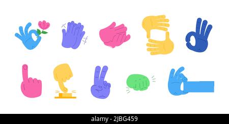Set of colorful hands and gestures, signs showing by palm and fingers. Emotional expression, body language. Colored flat graphic vector illustration isolated on white. Hands holding different objects... Stock Vector