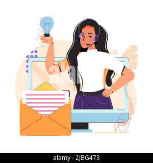 Customer support concept. Woman with headphones and microphone with laptop. Online global technical support 24 7, assistance, call center, hotline operator. Vector illustration in flat line art style. Stock Vector